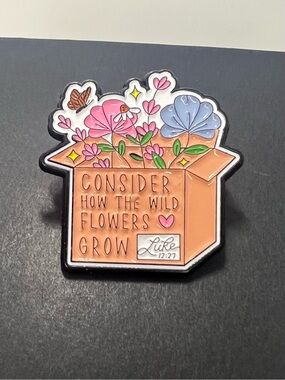 Consider How The Wild Flowers Grow Scriptures Enamel Pin - Pink, Blue, Green
